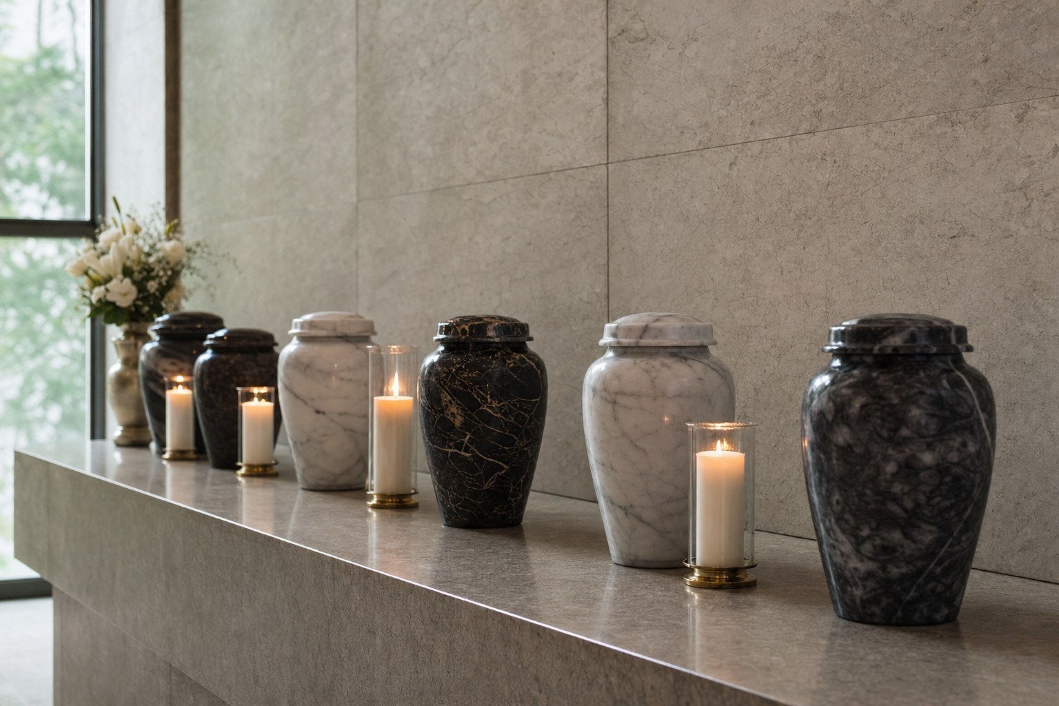Urne cinerarie e candele in sala del commiato